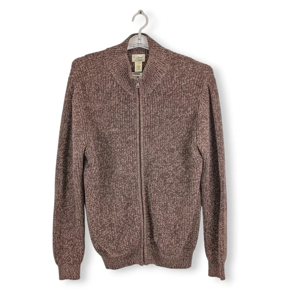LL Bean Full Zip‎ Cardigan Sweater Mens Large Brown Chunky Knit Gorp GrandpaCore